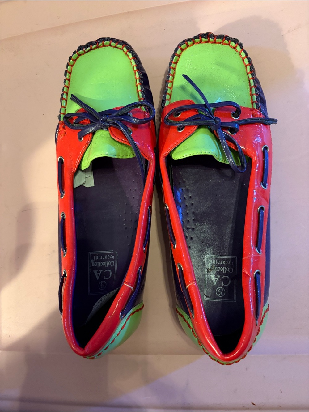 CA Collection Red & Neon Green Patent Leather Boat Loafers